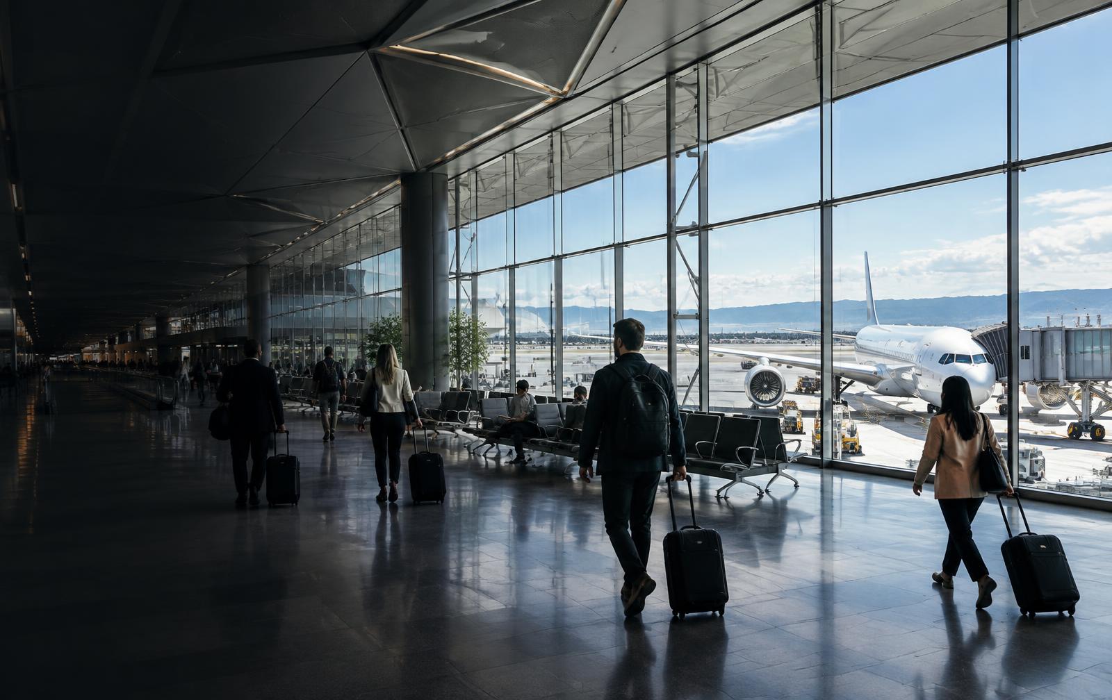 Passengers walking through an airport terminal beside a departing aircraft